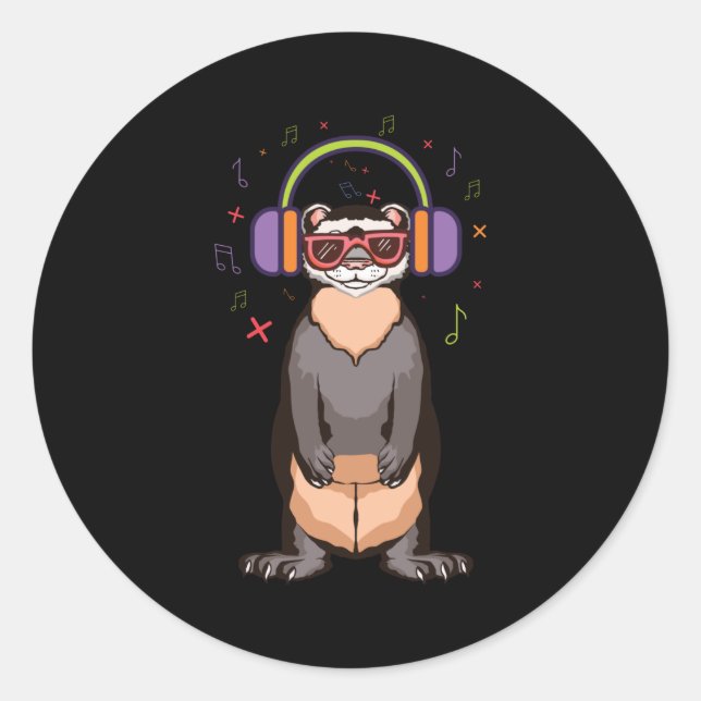Ferret listening to music over headphones classic round sticker (Front)