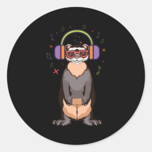 Ferret listening to music over headphones classic round sticker