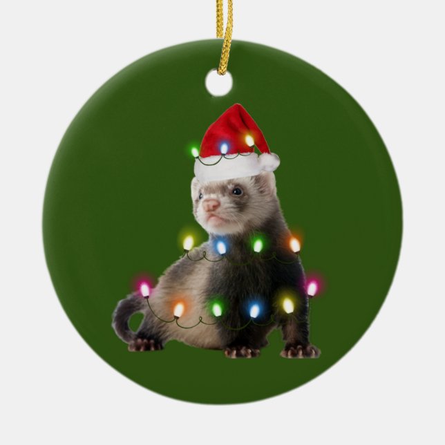 Ferret With Hat Lights Christmas Ceramic Ornament (Front)