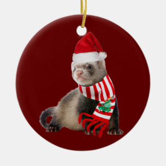 Ferret With Hat Scaft Christmas Ceramic Ornament
