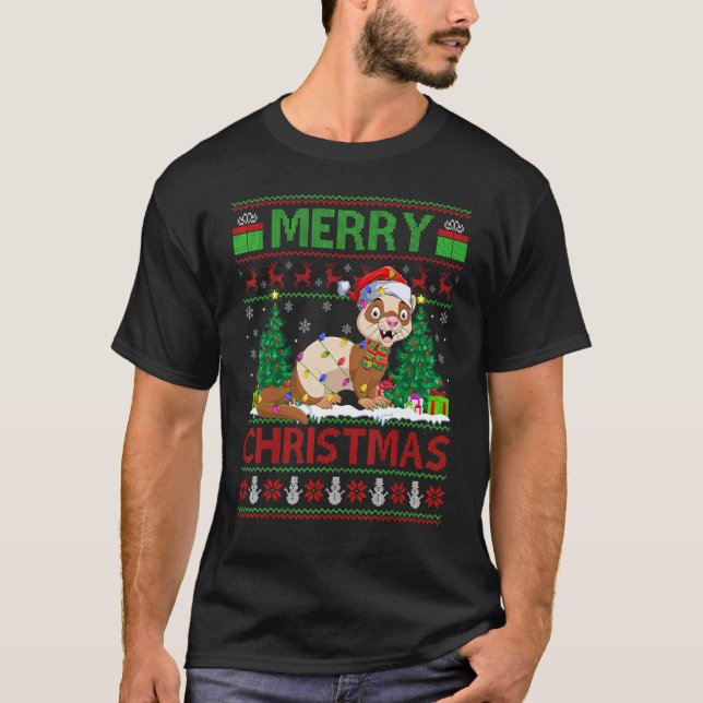 Ferret   Xmas Tree Lights Ugly Santa Ferret Christ T-Shirt (Front)