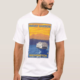 Ferry and Mountains - Friday Harbour, Washington T-Shirt