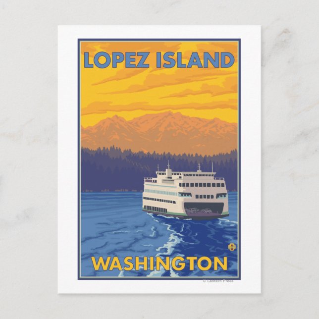 Ferry and Mountains - Lopez Island, Washington Postcard (Front)