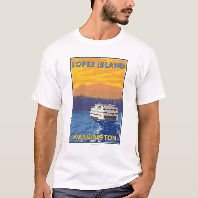 Ferry and Mountains - Lopez Island, Washington T-Shirt (Front)