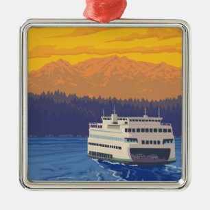 Ferry and Mountains - Seattle, Washington Metal Tree Decoration