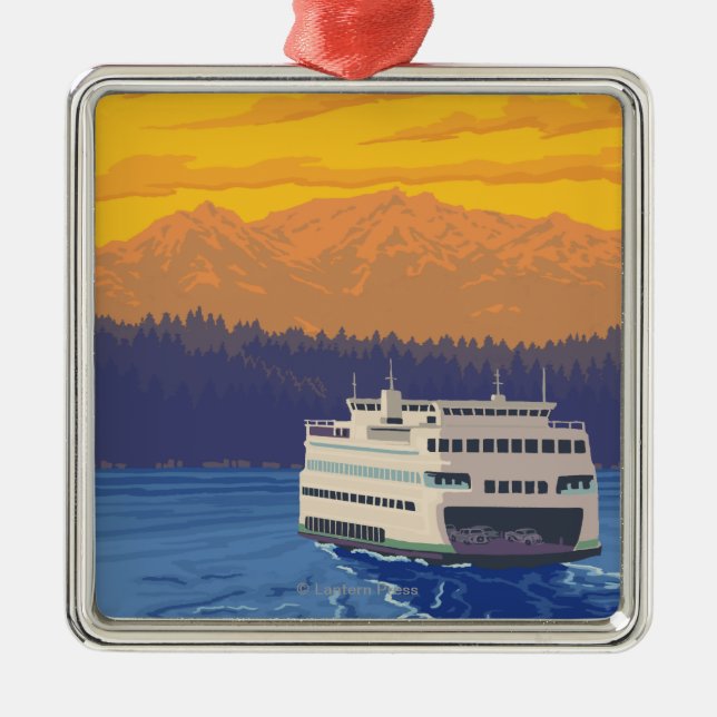 Ferry and Mountains - Seattle, Washington Metal Tree Decoration (Front)