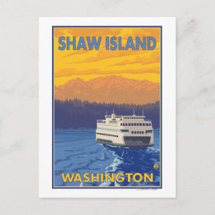 Ferry and Mountains - Shaw Island, Washington Postcard