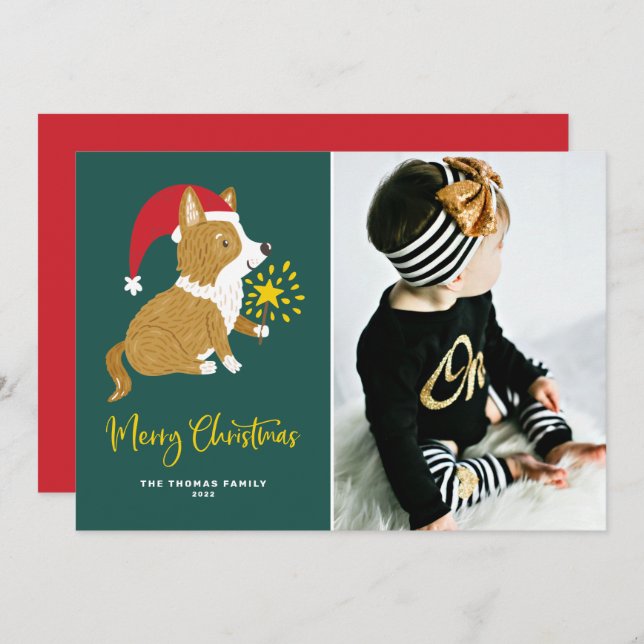 Festic Cute Santa Corgi Merry Christmas Photo Holiday Card (Front/Back)
