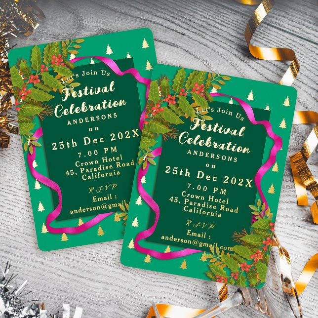 Festival Celebration Christmas Green (Festival Celebration Christmas Green Foil Invitation)