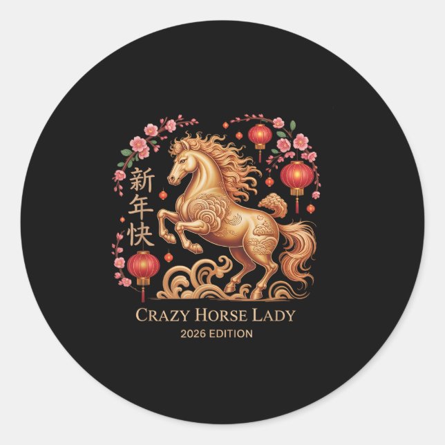 Festive 2026 New Year Crazy Horse Lady Fortune Cow Classic Round Sticker (Front)