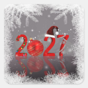 Festive 2027 Red Merry Christmas New Year Square Sticker