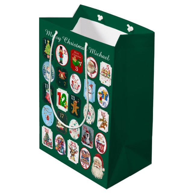 Festive Advent Calendar Green Medium Gift Bag (Back Angled)