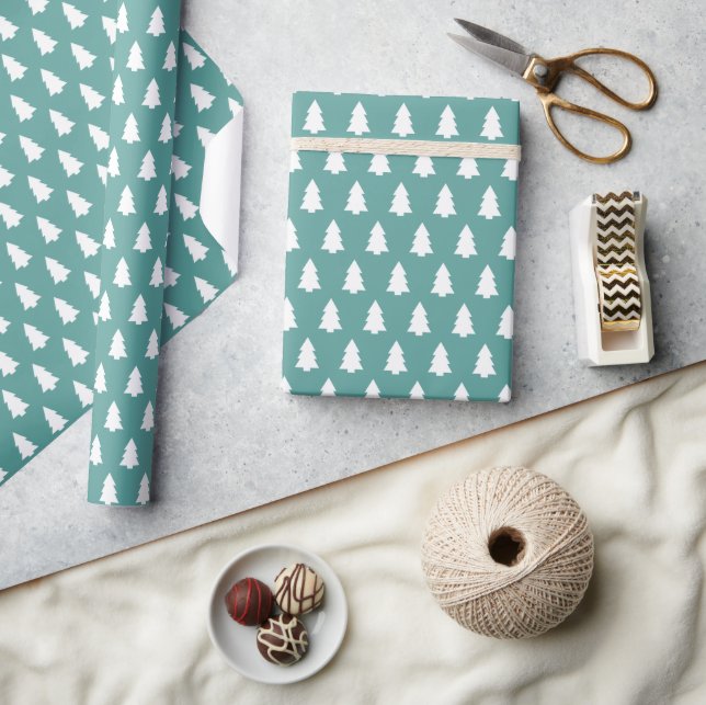 Festive Agate Green White Christmas Tree pattern Wrapping Paper (Crafts)