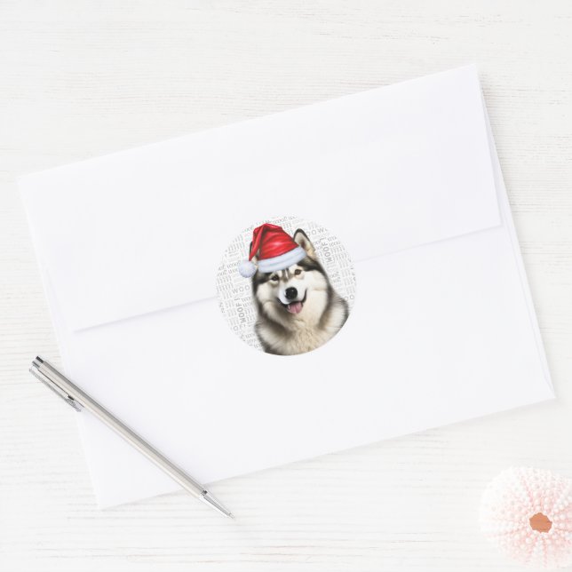 Festive Alaskan Malamute Woof Word Art Christmas Classic Round Sticker (Envelope)