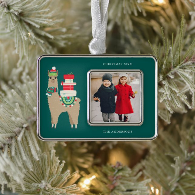 Festive Alpaca Add Your Own Photo Silver Plated Framed Ornament (Tree)