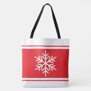 Festive Alpine Snowflake Bright Red White Stripes Tote Bag