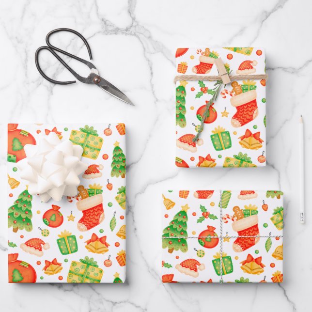 Festive and Colourful Christmas Pattern Wrapping Paper Sheet (Front)