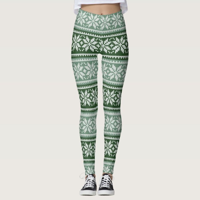 Festive and Cozy Green/White Snowflake Sweater Leggings (Front)