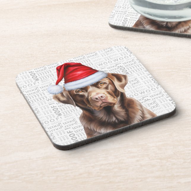 Festive and Cute Chocolate Lab Woof Christmas Coaster (Left Side)
