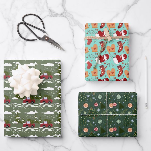 Festive and Cute Green Red Christmas Pattern Wrapping Paper Sheet (Front)