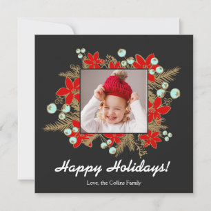 Festive and Elegant Red Poinsettias Photocard Holiday Card