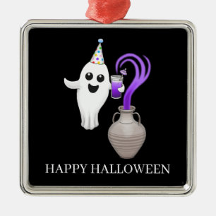 Festive and Happy Halloween Ghost Metal Ornament