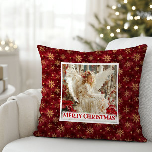 Festive Angel Poinsettia Red Gold Accent Christmas Cushion