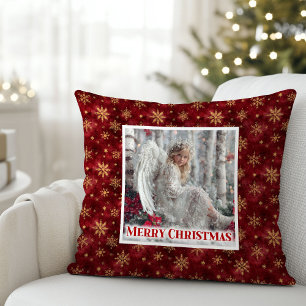 Festive Angel Red Gold Custom Name Christmas Gift Cushion