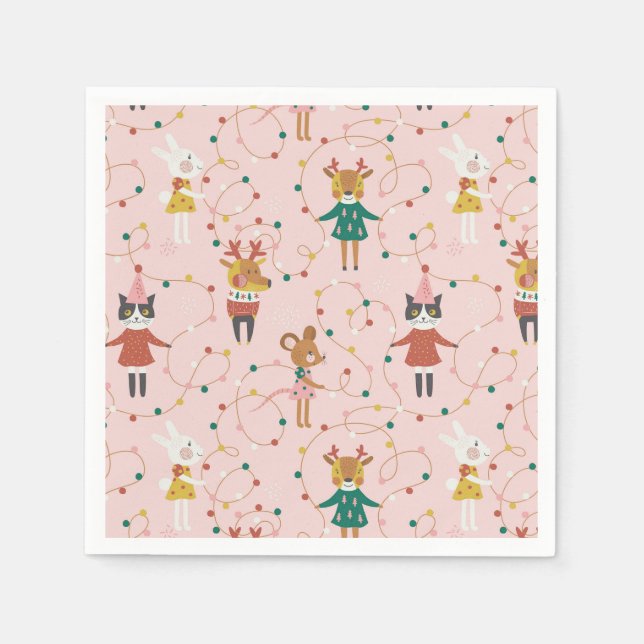 Festive Animal Friends Christmas Pattern Napkin (Front)