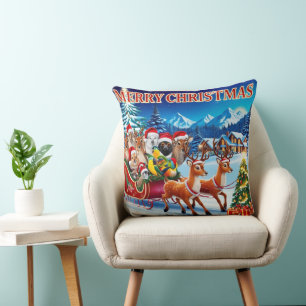 Festive Animals Christmas Throw Pillow Design.