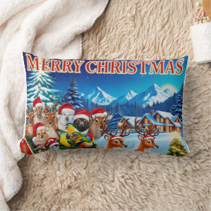 Festive Animals Sleigh Lumbar Pillow Design.