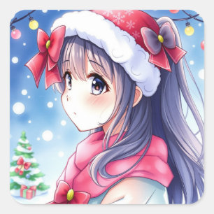 Festive Anime Girl Christmas Square Sticker