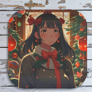 Festive Anime Girl on Christmas Night Paper Plate