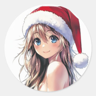 Festive Anime Girl Santa Hat with Bright Blue Eyes Classic Round Sticker
