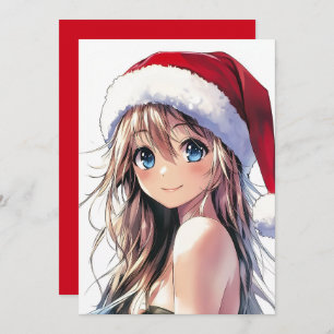 Festive Anime Girl Santa Hat with Bright Blue Eyes Holiday Card