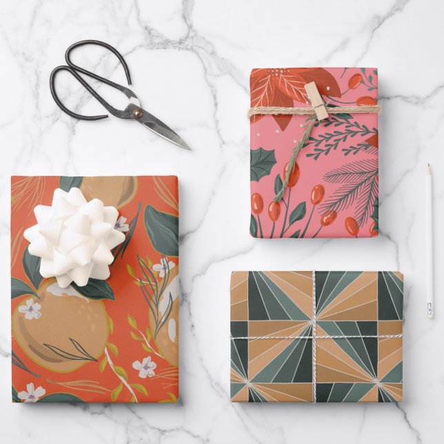 Festive Apple Poinsetta Holiday Gem Tone  Wrapping Paper Sheet (Front)