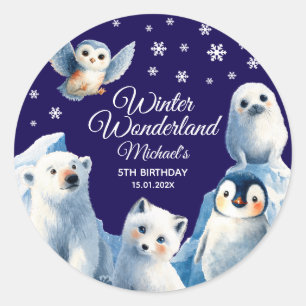 Festive Arctic Animals Blue Winter Kids' Birthday Classic Round Sticker