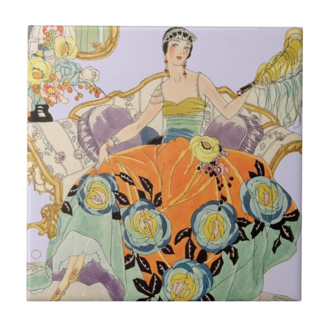 Festive Art Deco Lady Ceramic Tile (Front)