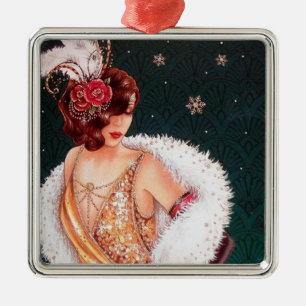 Festive art deco retro vintage Christmas lady Metal Ornament
