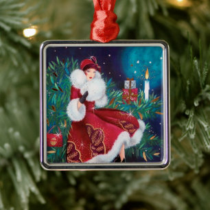 Festive art deco retro vintage Christmas lady Metal Ornament