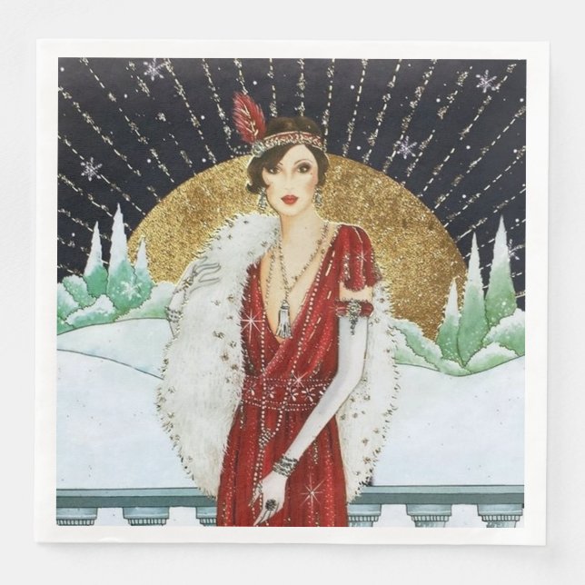 Festive art deco retro vintage Christmas lady Napkin (Front)