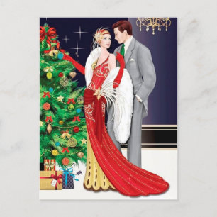 Festive art deco retro vintage couple holiday postcard