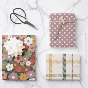 Festive Autumn Floral, Polkadot & Plaid Wrapping Paper Sheet