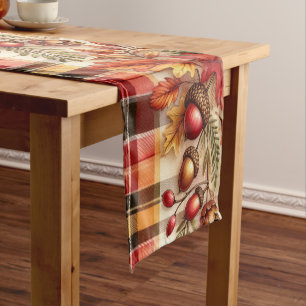 Festive Autumn Foliage on Plaid  Short Table Runner