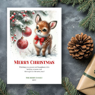 Festive Baby Deer Winter Scene Watercolor Greeting Holiday Card