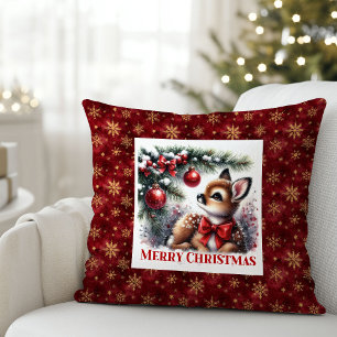Festive Baby Fawn Snowy Forest Kids Gift Christmas Cushion