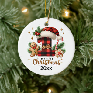 Festive baby's first add name ceramic ornament