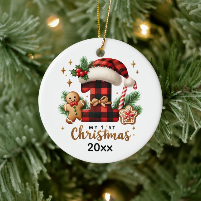Festive baby's first add name  ceramic ornament (Tree)