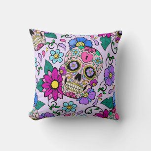Festive background with sugar skulls, heart and fl cushion