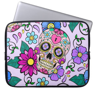 Festive background with sugar skulls, heart and fl laptop sleeve